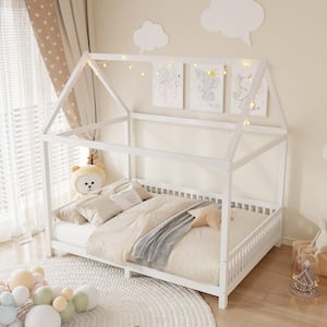 White Full Size Wood House Bed Low Platform Bed Kids Bed with Guardrail and LED