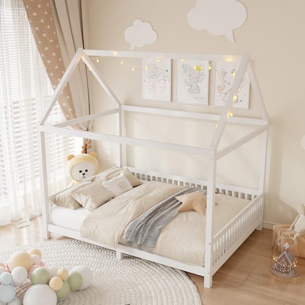 Harper & Bright Designs White Full Size Wood House Bed Low Platform Bed Kids Bed with Guardrail and LED