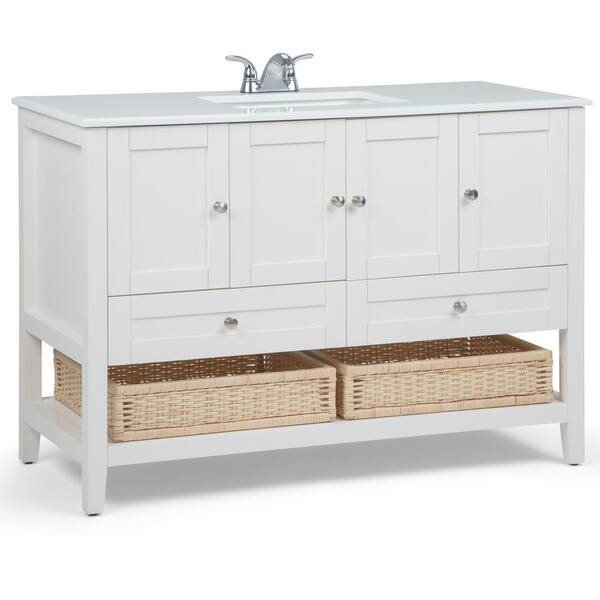 Simpli Home Cape Cod 48 in. Bath Vanity in Soft White with Engineered Quartz Marble Vanity Top in White with White Basin