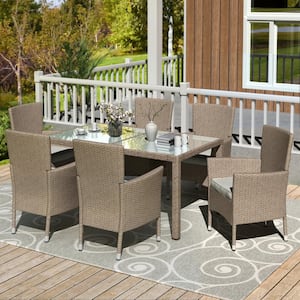 Patio 7-Piece Wicker Outdoor Dining Set with Beige Cushions