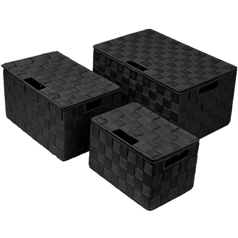 3 Sizes Storage Basket with Lid, Mesh Hand-Woven Organizers, Black 13.5 in.