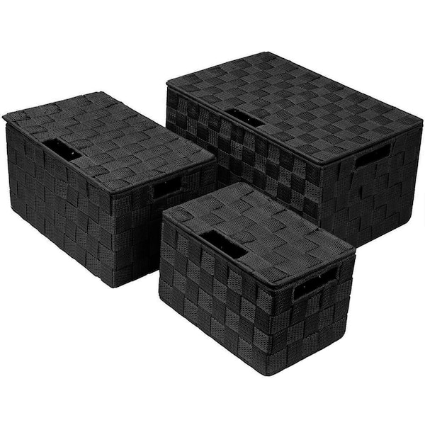3 Sizes Storage Basket with Lid, Mesh Hand-Woven Organizers, Black 13.5 in. x 6.9 in. Plastic Decorative Box Set of 3