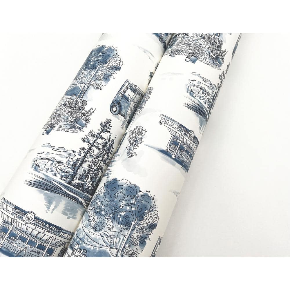 Navy Scenic Vista Toile Pre-pasted Washable Wallpaper