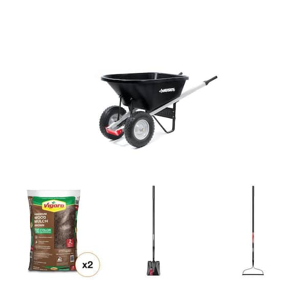 6 cu. ft. Dual-Wheel Poly Wheelbarrow, 2 cu. ft. Brown Mulch, 47 in. Transfer Shovel and 57 in. Bow Rake Combo