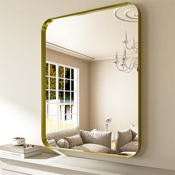 ORGANNICE 28 in. W x 36 in. H Modern Gold Aluminum Framed Rounded Wall Mount Mirror