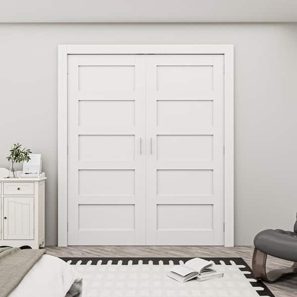 64 in. x 80 in. 5 Lite Solid Core White Wood Double Door Slab Panels without Jamb Interior Bi-Fold Door With Ball Catch