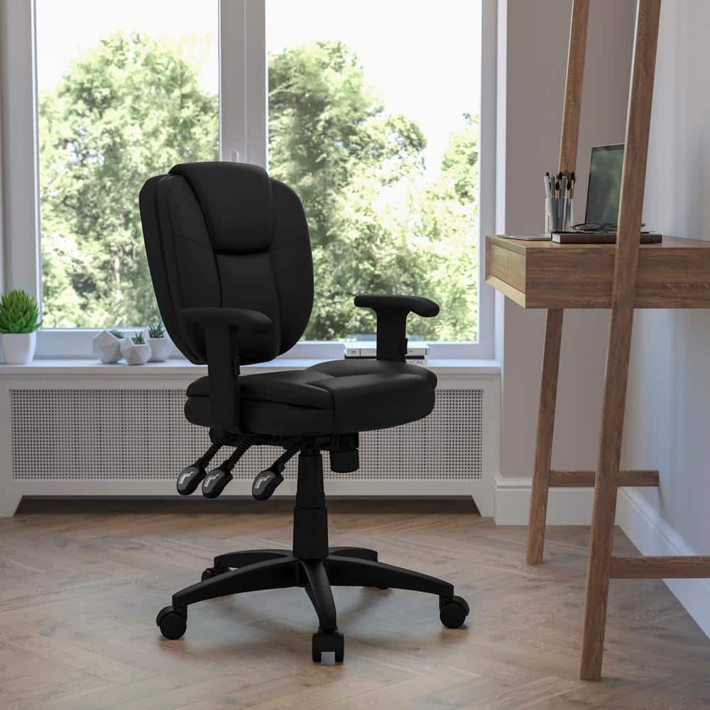 Contemporary Black LeatherSoft Swivel Task Chair with Adjustable Arms