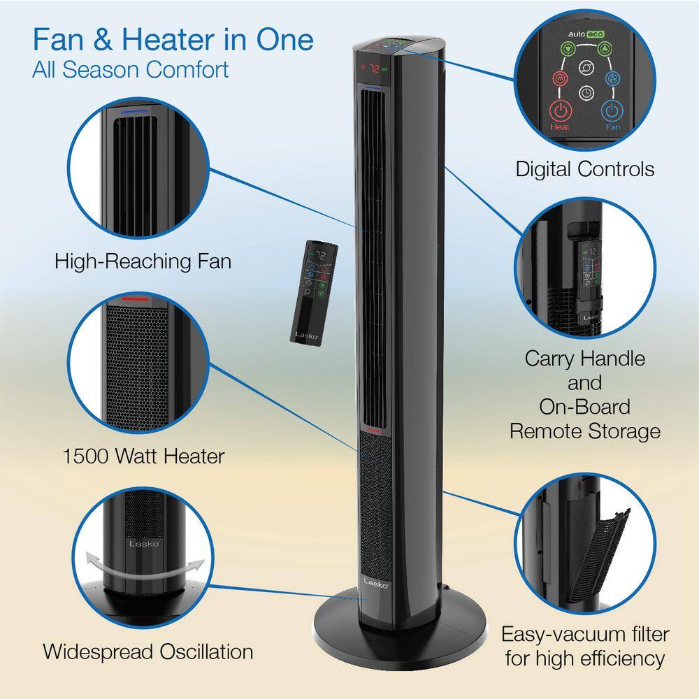 Black Ceramic Tower Fan and Space Heater with Remote