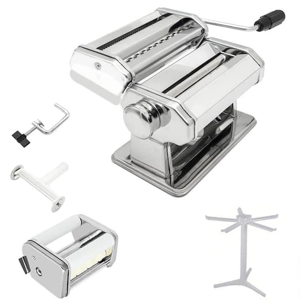 Stainless Steel Pasta Maker with 9 Thickness Settings, Dual-Bladed Cutter, Ravioli Attachment and Drying Rack