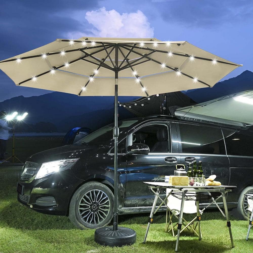 10ft Beige Solar LED Outdoor Patio Umbrella with Steel Pole