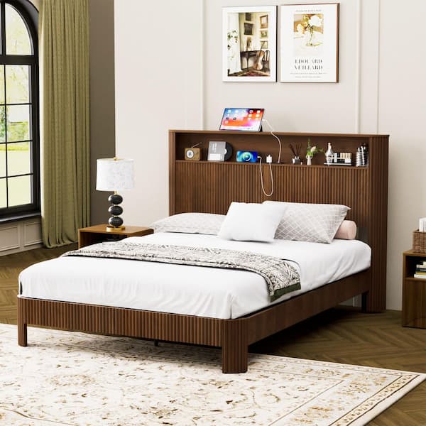 Estra Brown Wood Frame Queen Size Platform Bed with Storage Headboard, Charging Station, Curved Lines Design, Walnut