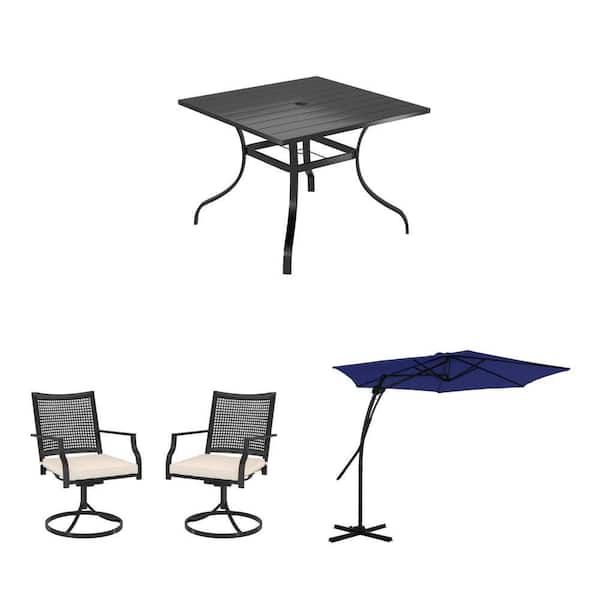 Square Patio Dining Table with Umbrella Hole, 10 ft. Cantilever Umbrella and Metal Swivel Dining Chairs Set (3 Pieces)