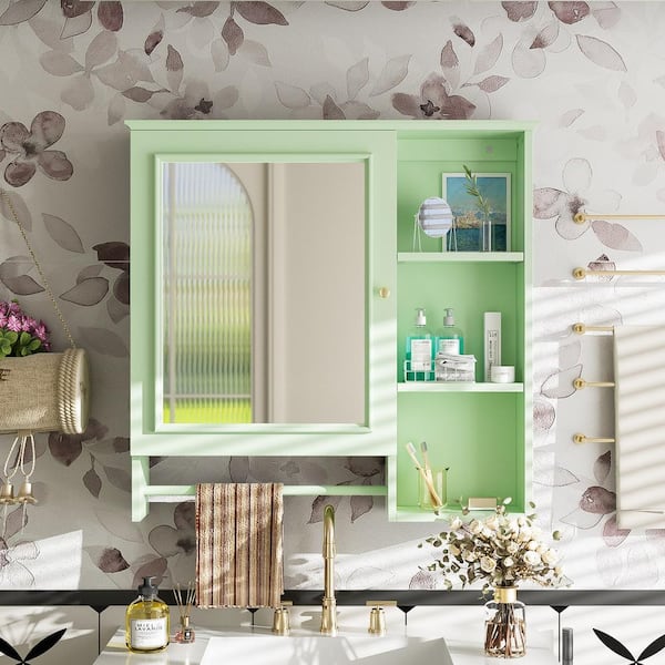 Tenleaf Green 29 in. W x 28 in. H Rectangular Wood Medicine Cabinet with Mirror, Bathroom Wall Cabinet with Adjustable Shelves