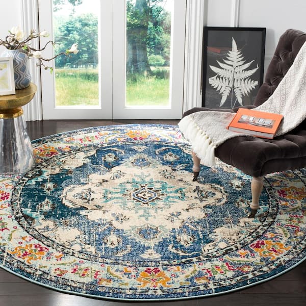 Monaco 7 ft. x 7 ft. Navy/Light Blue Round Border Medallion Distressed Area Rug