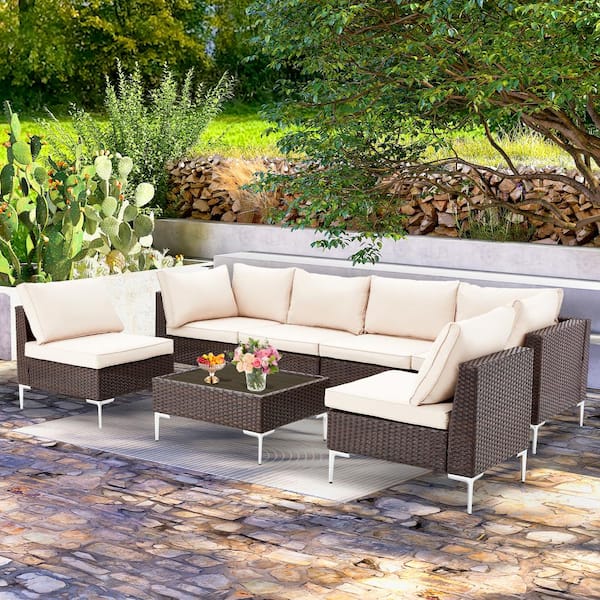 Zeus & Ruta 7-Piece Wicker Patio Conversation Set with Beige Cushions