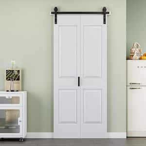 36 in. x 84 in. Paneled 4-Lite White Primed MDF Composite Bi-fold Sliding Barn Door with Hardware Kit and Handle