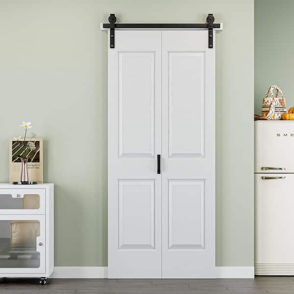 36 in. x 84 in. Paneled 4-Lite White Primed MDF Composite Bi-fold Sliding Barn Door with Hardware Kit and Handle