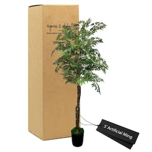 Handmade 5 ft. Artificial Ming Tree in Home Basics Plastic Pot Made with Real Wood and Moss Accents