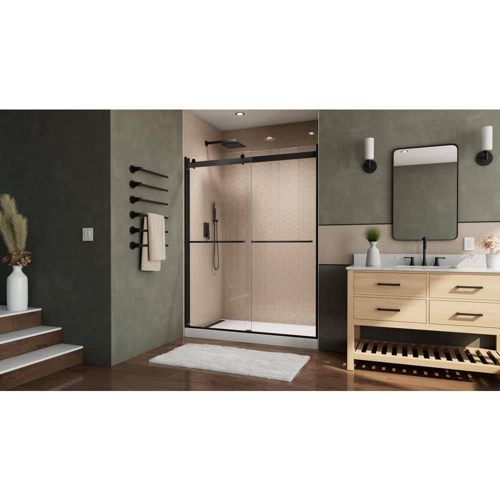 Satin Black Clear Glass Semi-Frameless Shower Door 60" x 76"