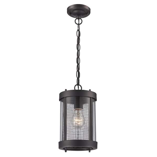 Bel Air Lighting 11 in. 1-Light Black Outdoor Hanging Pendant Light Fixture with Clear Glass and Metal Mesh Shade