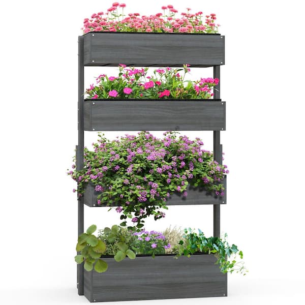Outsunny 56 in. Gray Wooden 4 Tier Planter Box, Self-Draining with Non-Woven Fabric