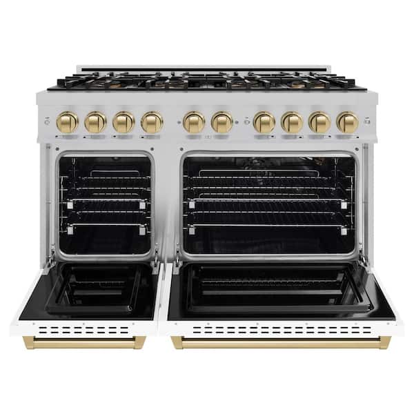 Autograph 48 in. Classic Gas DuoPro Range with Dual Ovens in Satin Steel with White Matte Doors and Bronze Accents