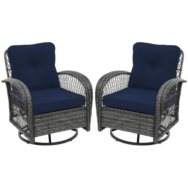 2-Piece Gray Wicker 360° Swivel Outdoor Rocking Chair with Navy Blue Cushion