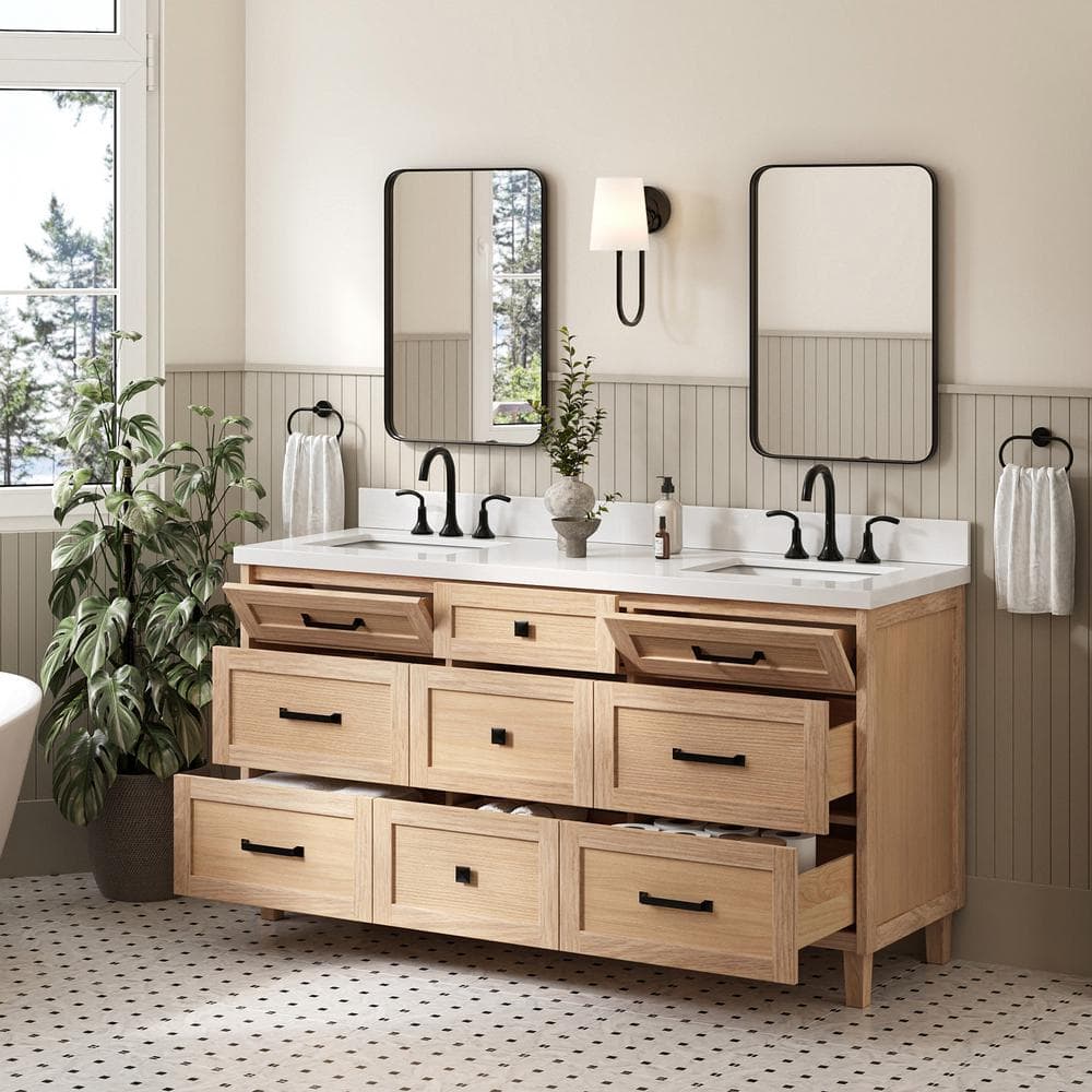 Monroe 67" Light Oak Double Vanity with White Quartz Top