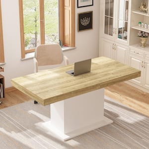 63- 78.7 in. Adjustable Width, Rectangle Wooden Grain Top & White Bottom, Home Office Desk, Computer Desk, Writing Desk