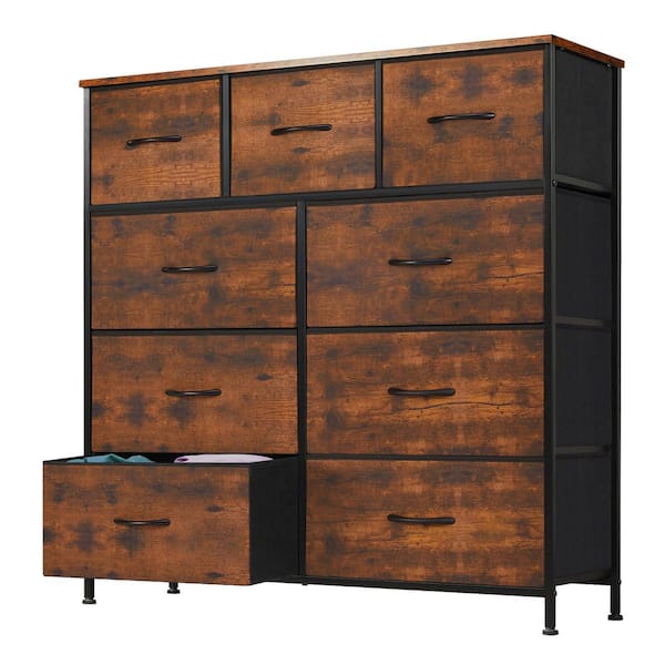 FIRNEWST Rust 39 in. W 9-Drawer Dresser with Fabric Bins and Steel Frame Storage Organizer Chest of Drawers