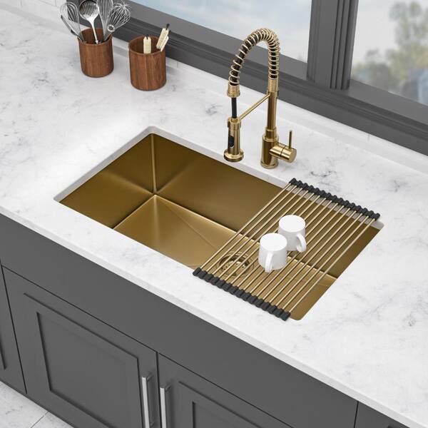 32 in. Undermount Single Bowl Gold Stainless Steel Kitchen Sink 16 Gauge Deep