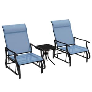 3-Piece Light Blue Metal Outdoor Bistro Set, Outdoor Gliders Set with Tempered Glass Top Table for Garden Backyard, Lawn