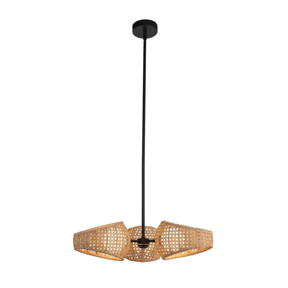 Lanai Matte Black and Rattan LED Chandelier with Opal Glass