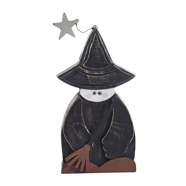 10 in. Black Wooden Witch with Broom Christmas Figurine