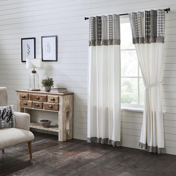 VHC BRANDS Sawyer Mill Black 40 in W x 84 in L Attached Valance Light Filtering Rod Pocket Window Panel Black White Pair