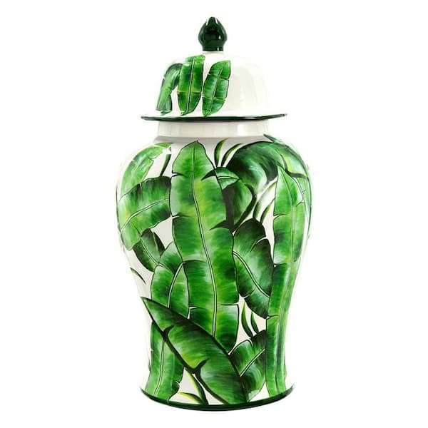 A & B Home Lovise Palm Green and White Tall Lidded Urn