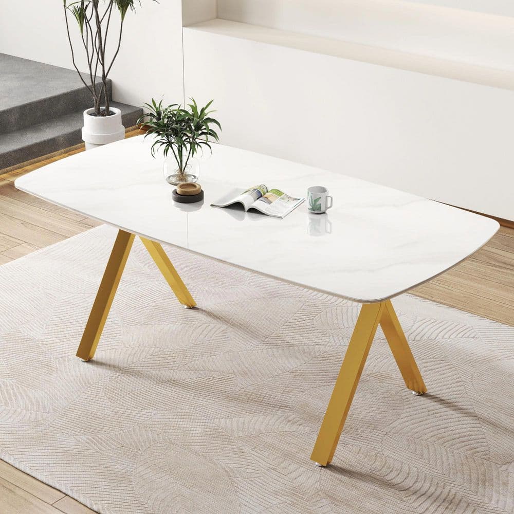 51.2 in. Rectangle White Marble Pattern Tempered Glass with Gold 4 Legs Dining Table Seats 6