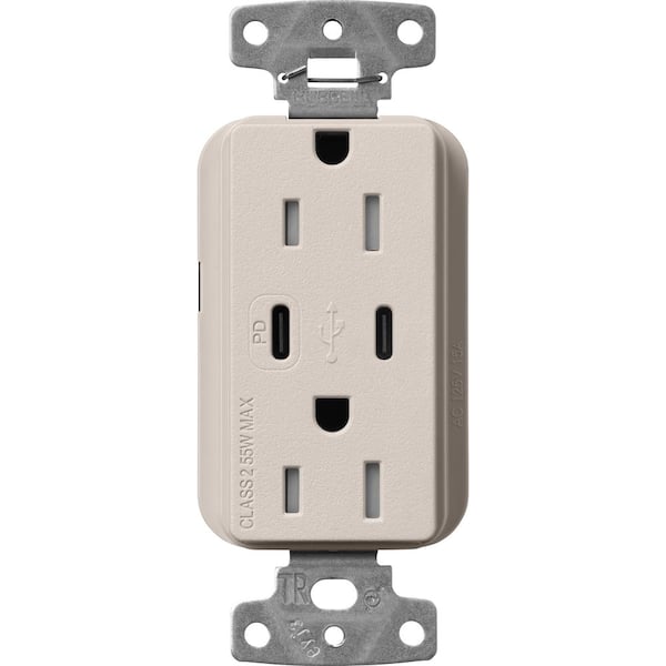 Claro 15 Amp Tamper Resistant USB Type C Duplex Receptacle, Decorator Style Outlet, Satin Finish, SCR-15-CCTR-TP, Gray