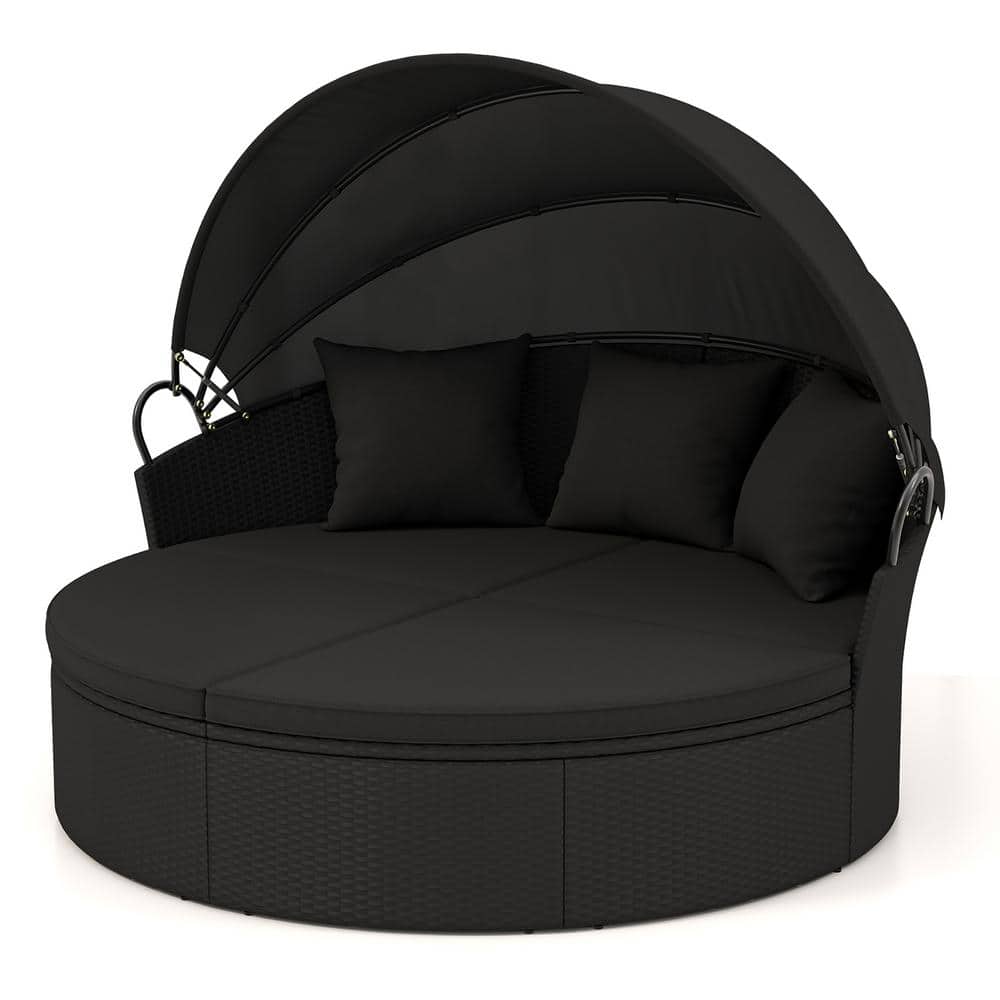 Wicker Outdoor Day Bed Round Daybed w/ Retractable Canopy Separated Seating Sectional Sofa with Black Cushions price history on PriceWatchPro