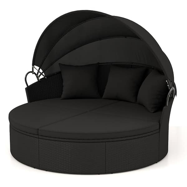 Wicker Outdoor Day Bed Round Daybed w/ Retractable Canopy Separated Seating Sectional Sofa with Black Cushions