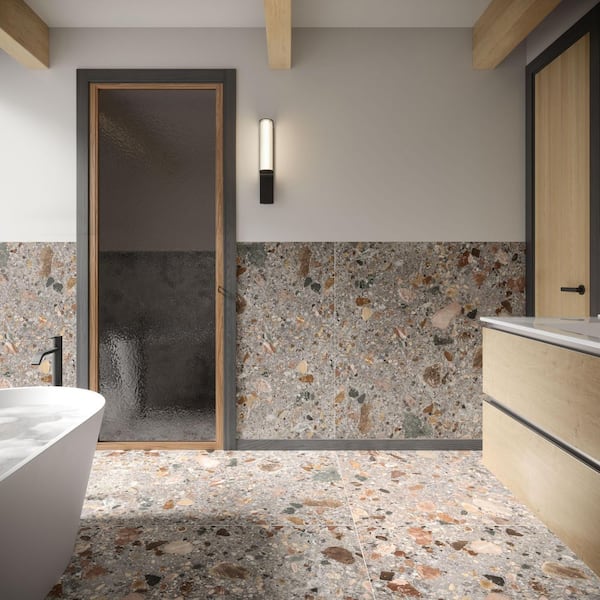 Luxe Terrazzo Fossil Gray 47.16 in. x 47.16 in. Terrazzo Look Matte Porcelain Floor and Wall Tile (30.98 sq. ft. / Case)