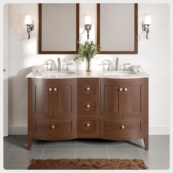 Eviva Stanton 60 in. W x 22 in. D x 34 in. H Double Bathroom Vanity in Teak with White Carrara Marble Top with White Sinks
