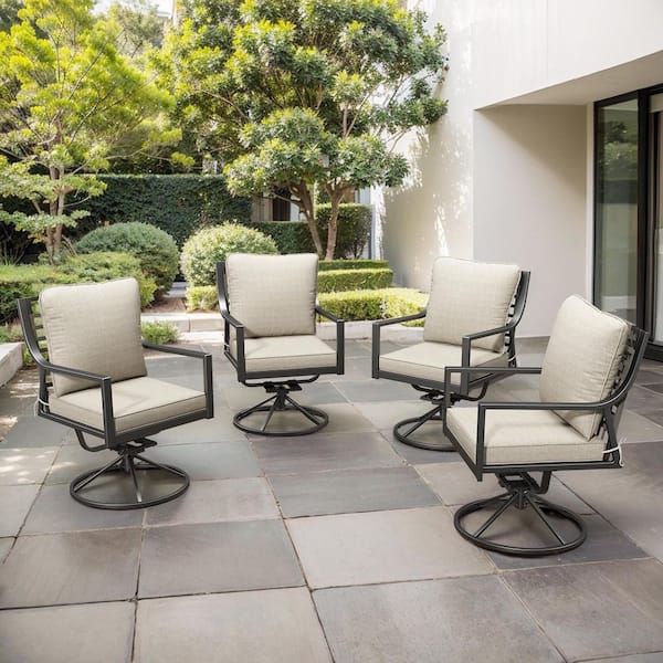 Opohoro Komodo Swivel and Rocking Black Metal Frame and Gray Wicker Outdoor Rocking Chairs with Olefin Beige Cushions (4-Pack)