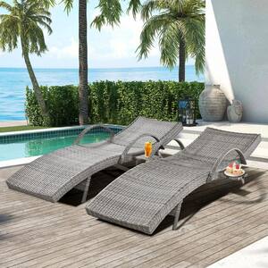 2-Set Gray Wicker Pull-out Side Table Adjustable Backrest Rattan Outdoor Chaise Lounge