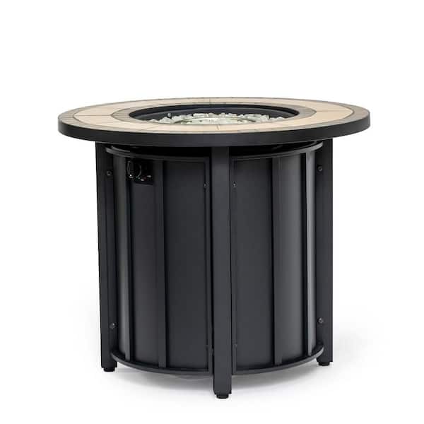 Black Round Steel Outdoor Fire Pit Coffee Table with Mosaic Ceramic Tabletop, Lid, Rain Cover