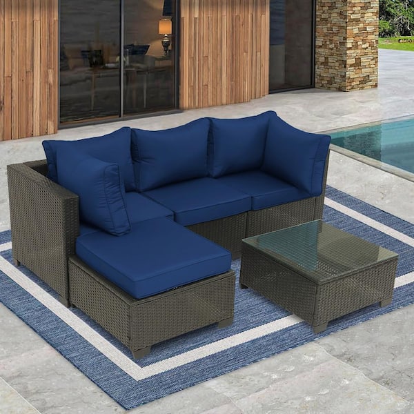 Cesicia 5-Piece Coffee Wicker Outdoor Sectional Set with Dark Blue Cushions and Coffee Table