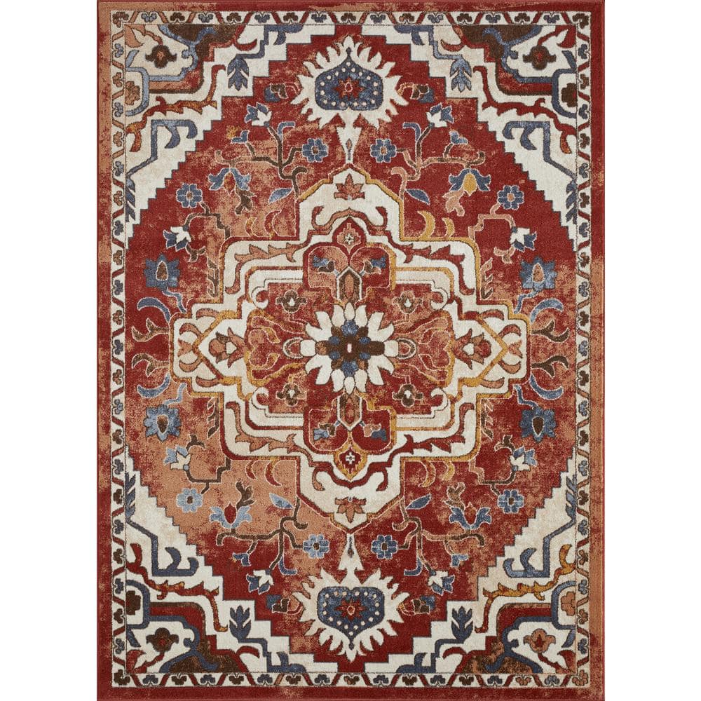 Oriental-Inspired Orange Watercolor 6' x 9' Synthetic Area Rug