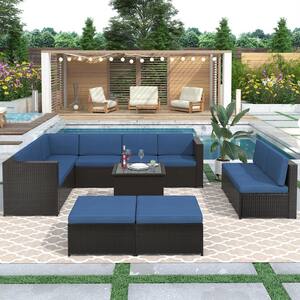 Brown Wicker Rattan Outdoor Patio Furniture Sets Sectional Seating Group with Blue Cushions and Ottoman