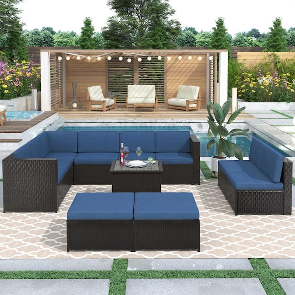 waelph 9-Piece Brown Wicker Patio Conversation Set Sectional Seating Group with Blue Cushions and Ottoman