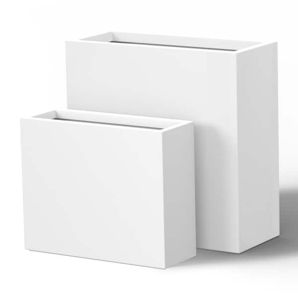Modern 16 in., 24 in. H Large Tall Crisp White Concrete Elongated Square Outdoor Planter Plant Pots (Set of 2)